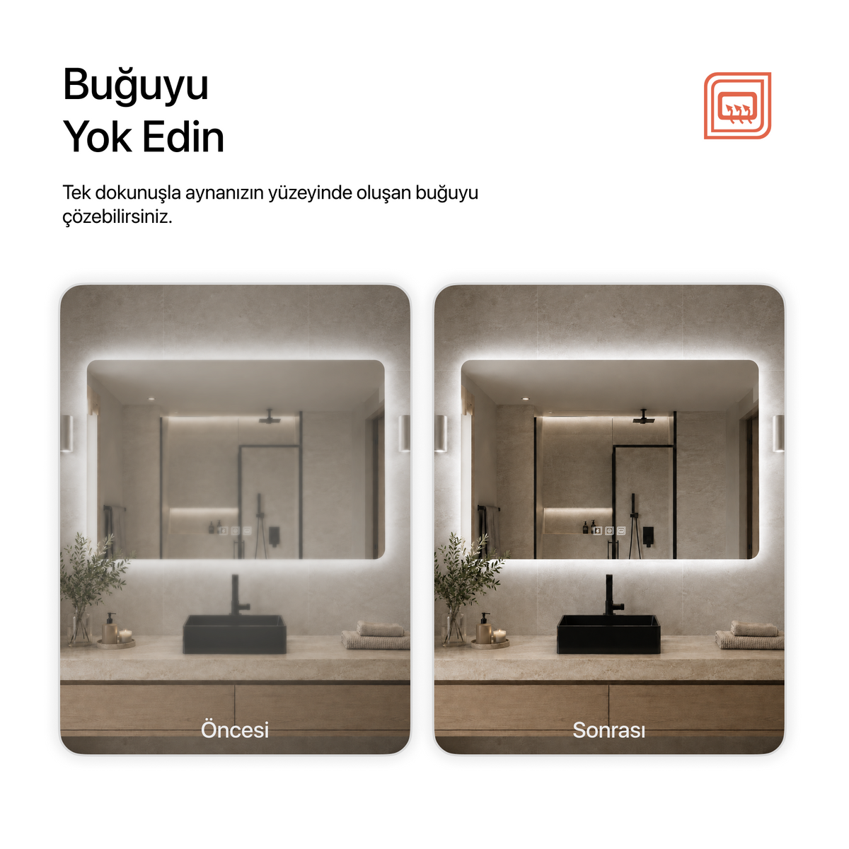 Kumlamasız Bluetoothlu, Buğu Çözücülü, Dokunmatik LEDli Dikdörtgen Ayna - Beyaz Işık