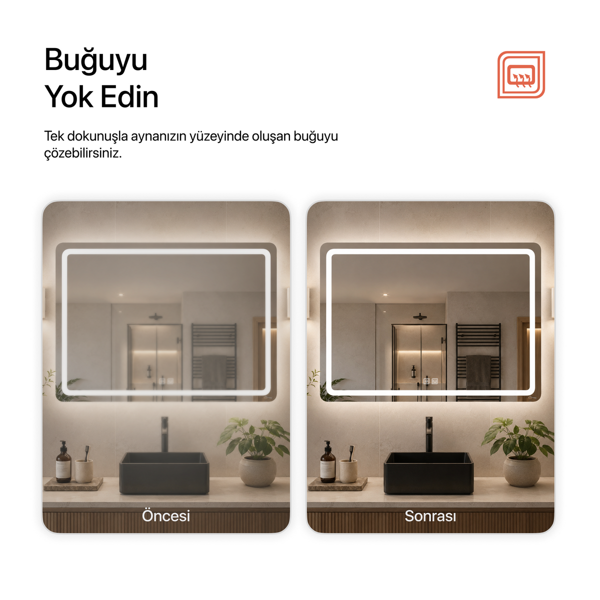 Buğu Çözücülü, Dokunmatik Tuşlu, LED Işıklı Dikdörtgen Banyo Aynası - Beyaz Işık