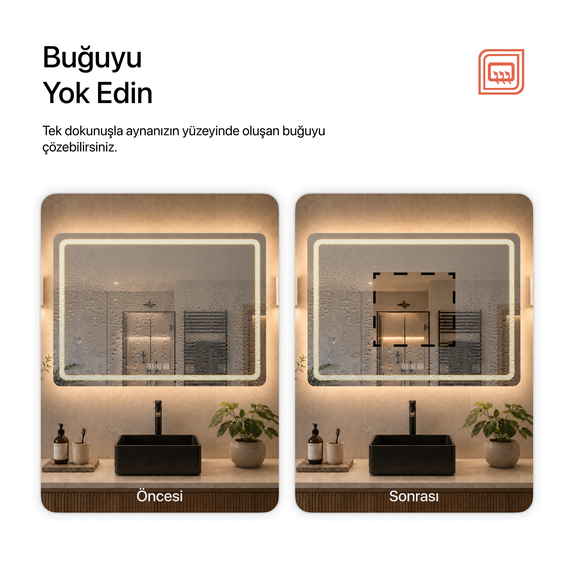Bluetoothlu, Buğu Çözücülü, Dokunmatik LEDli Dikdörtgen Ayna - Gün Işığı