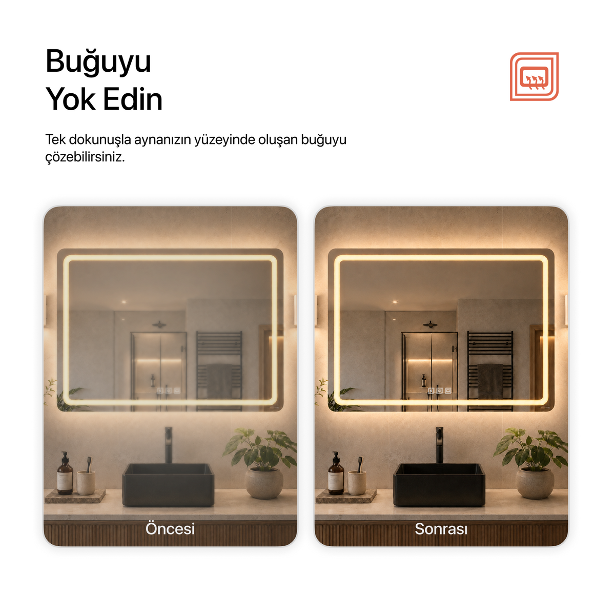 Bluetoothlu, Buğu Çözücülü, Dokunmatik LEDli Dikdörtgen Ayna - Gün Işığı