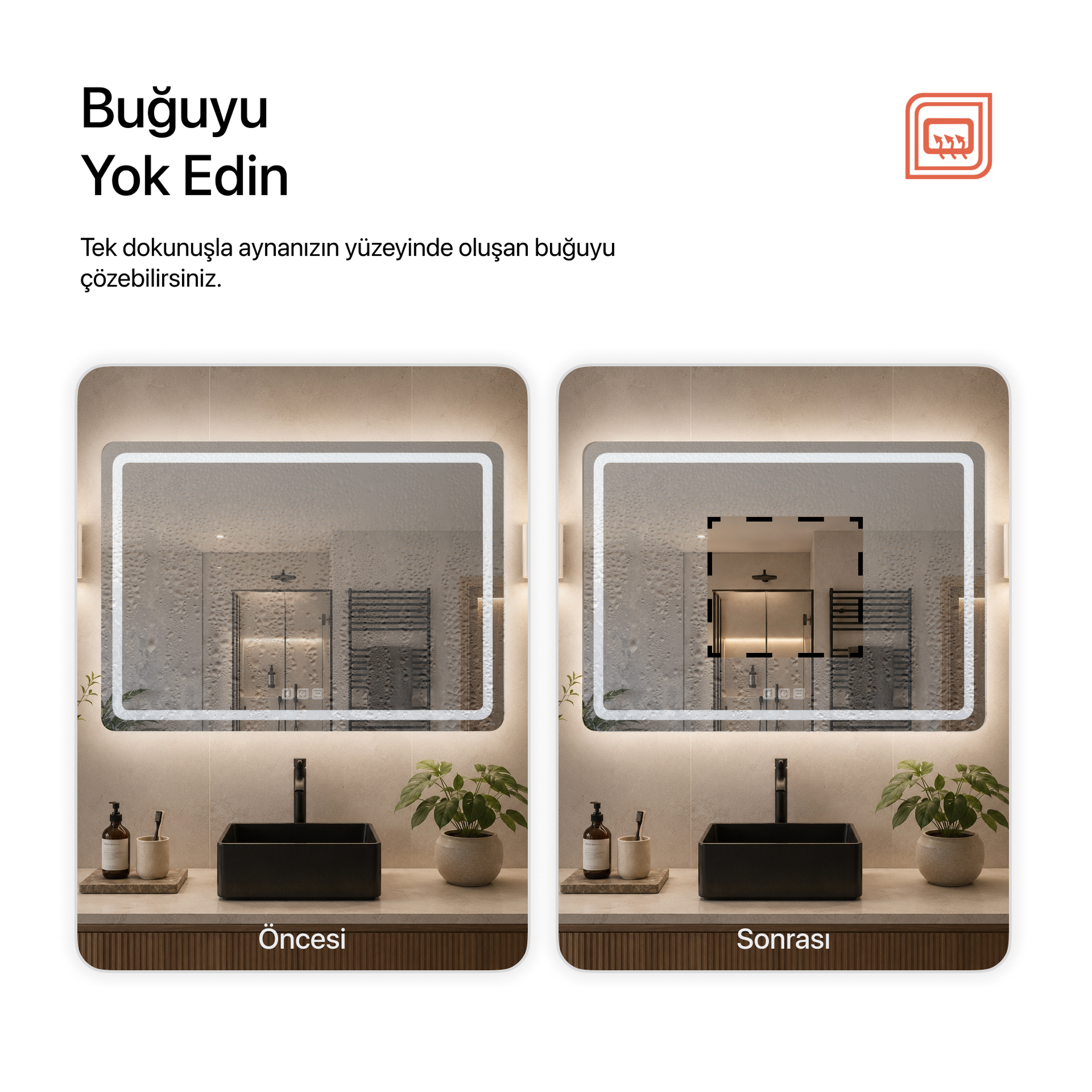 Bluetoothlu, Buğu Çözücülü, Dokunmatik LEDli Dikdörtgen Ayna - Beyaz Işık